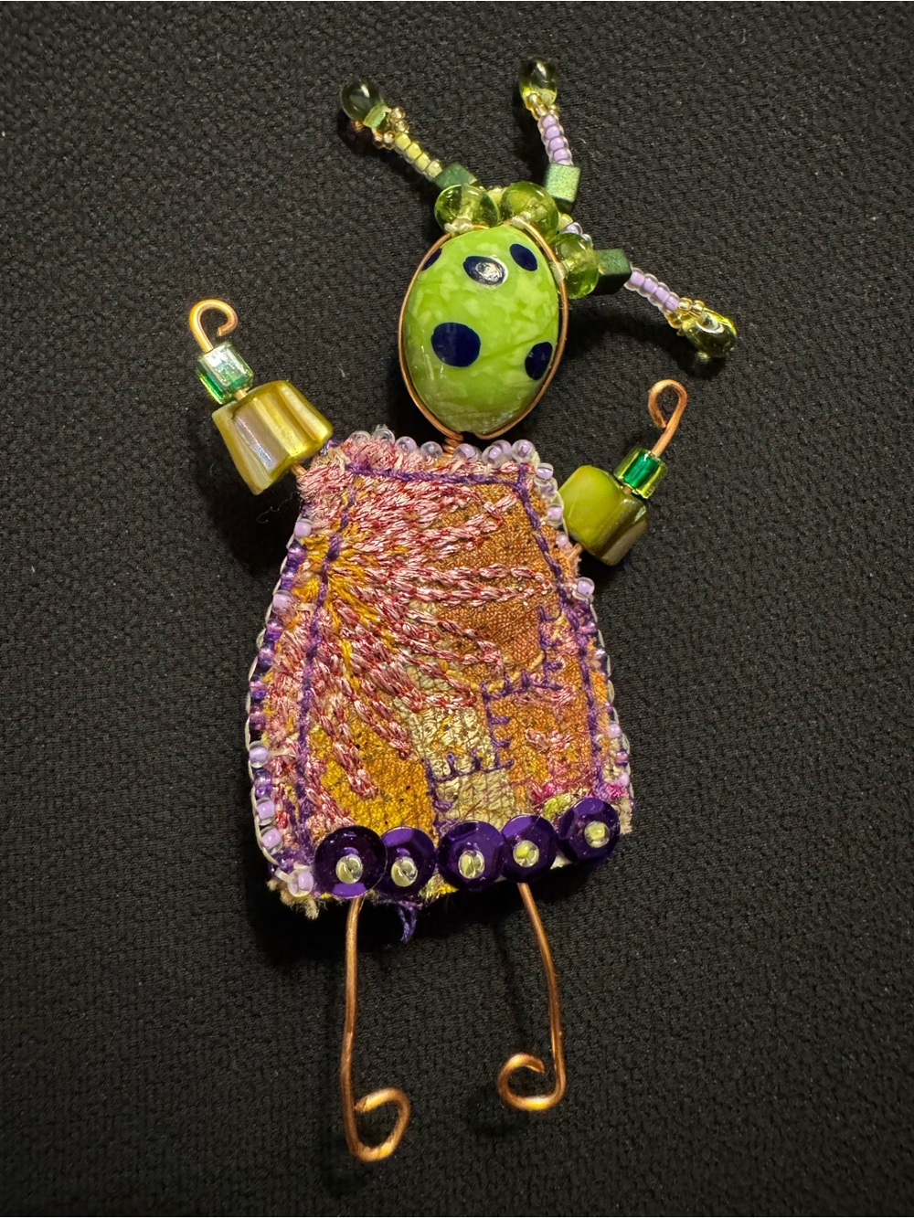 OOAK Artisan Mixed Media Doll Brooch Copper Wire Embroidered Textile